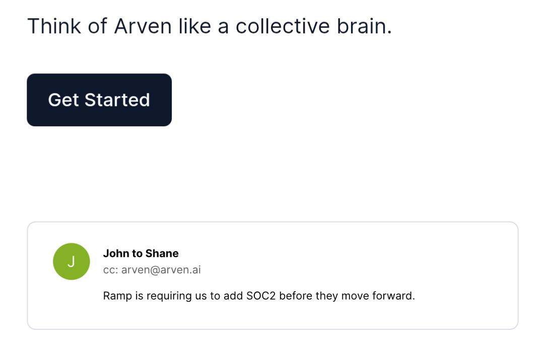 Arven landing page showing an email conversation shared with the team’s collective brain.