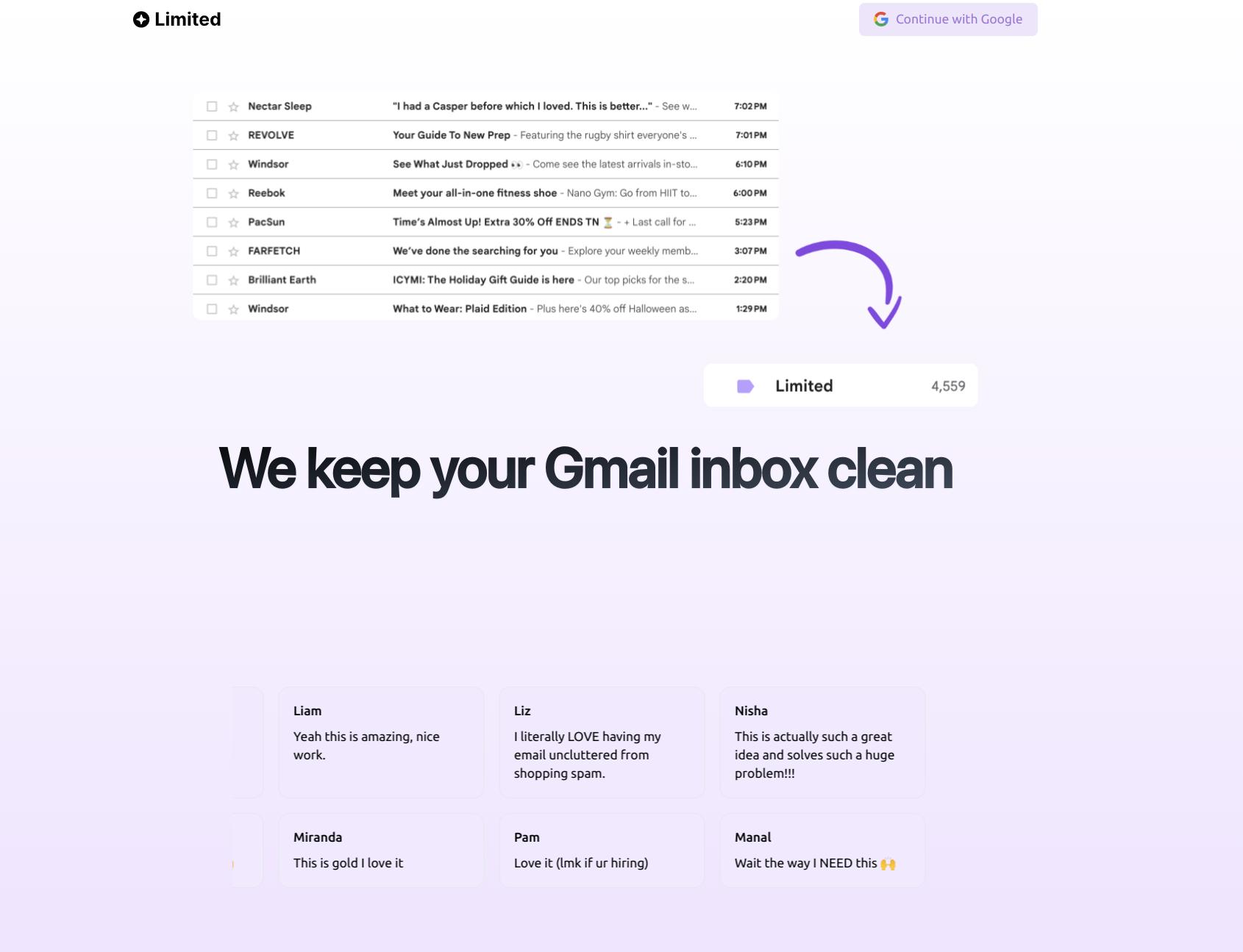 Limited landing page showing promotional emails moved out of the Gmail inbox into a Limited label.