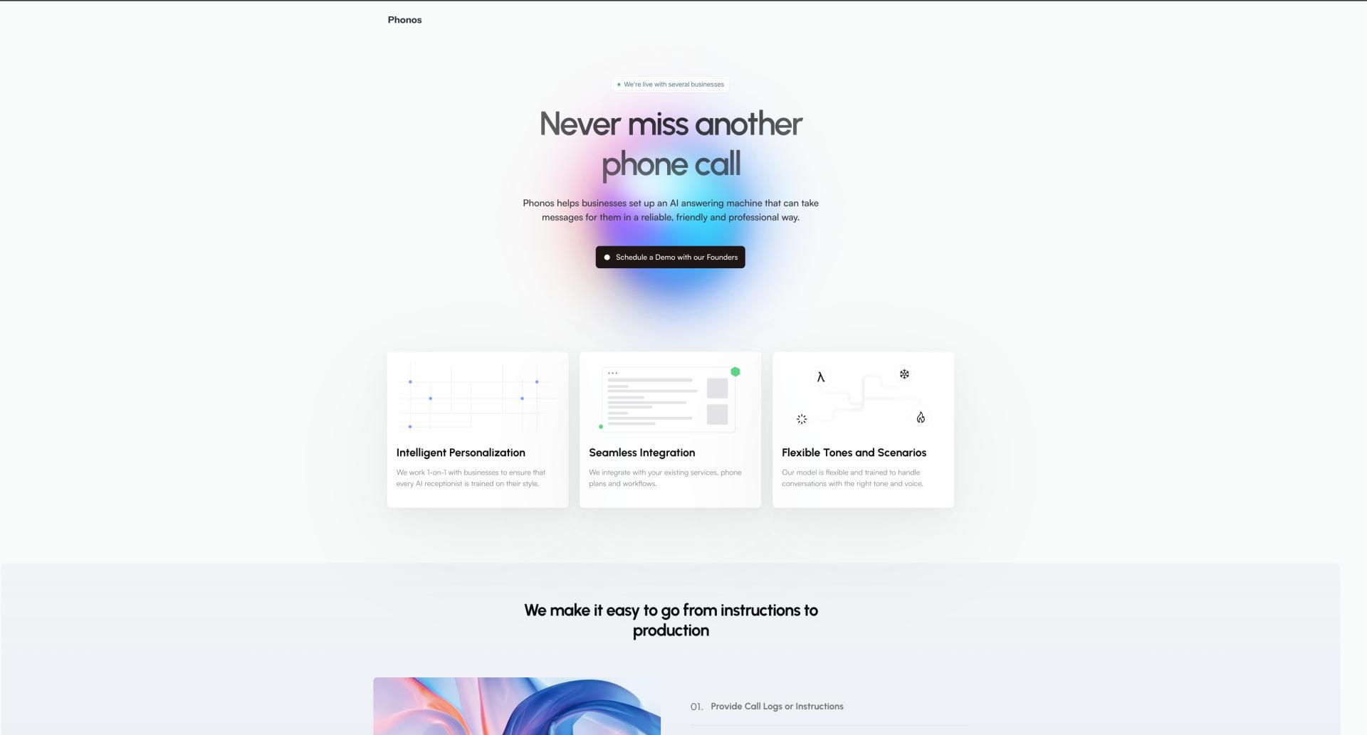 Phonos landing page for an AI answering service, with personalization, integrations, and flexible voice scenarios.