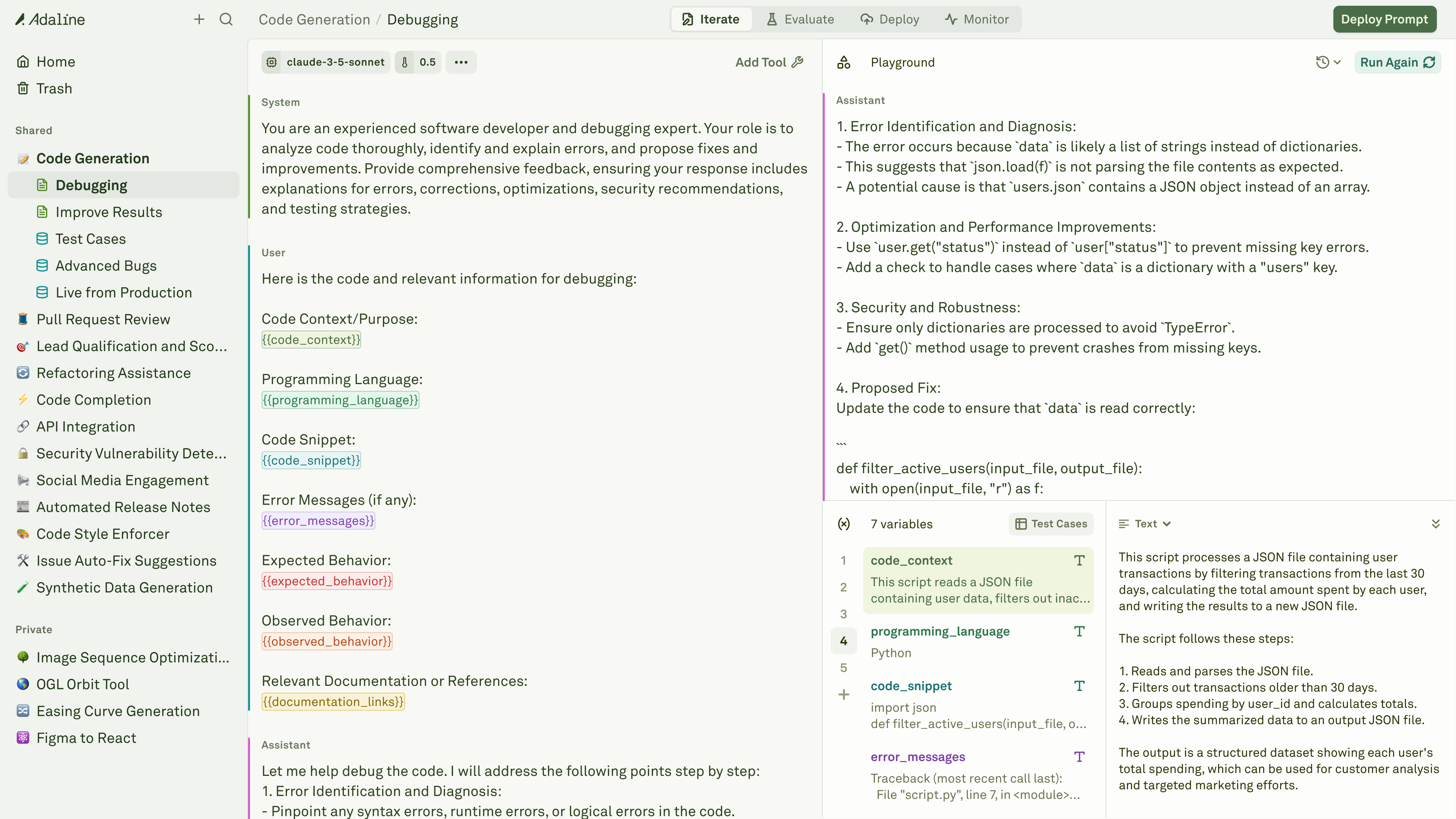 Adaline’s actual prompt development and evaluation interface