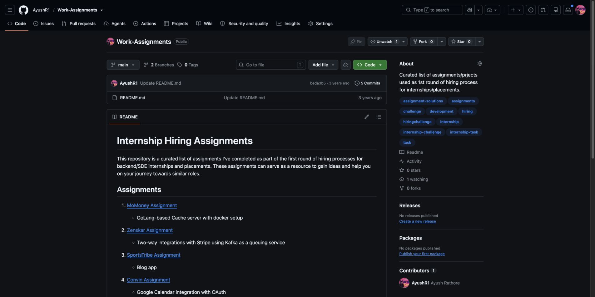 Work Assignments repository listing backend engineering prototypes and integrations.