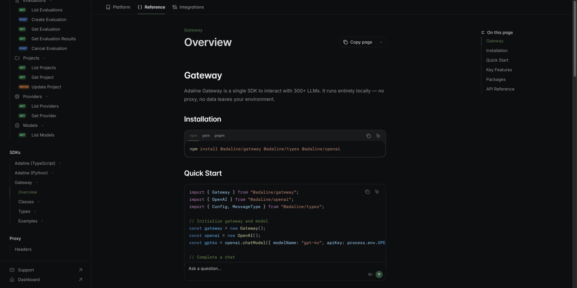 Adaline Gateway documentation showing SDK installation and a TypeScript quick start.