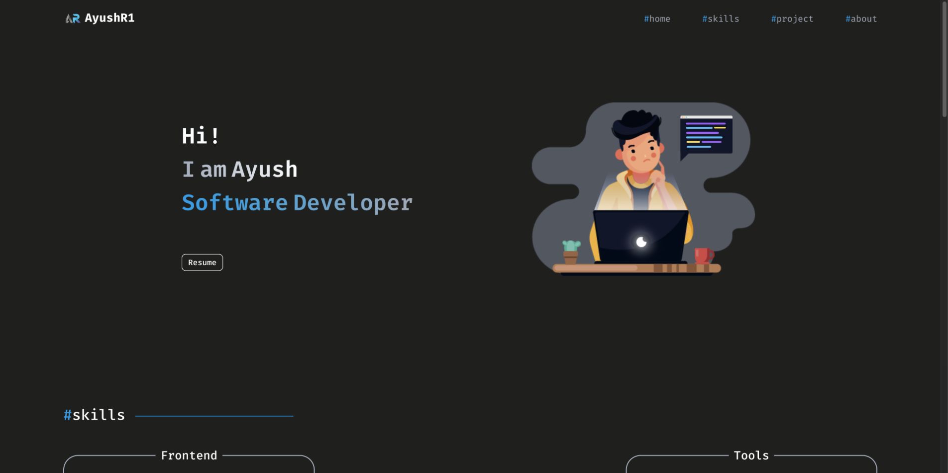 Pahchan’s original portfolio homepage introducing Ayush as a software developer.
