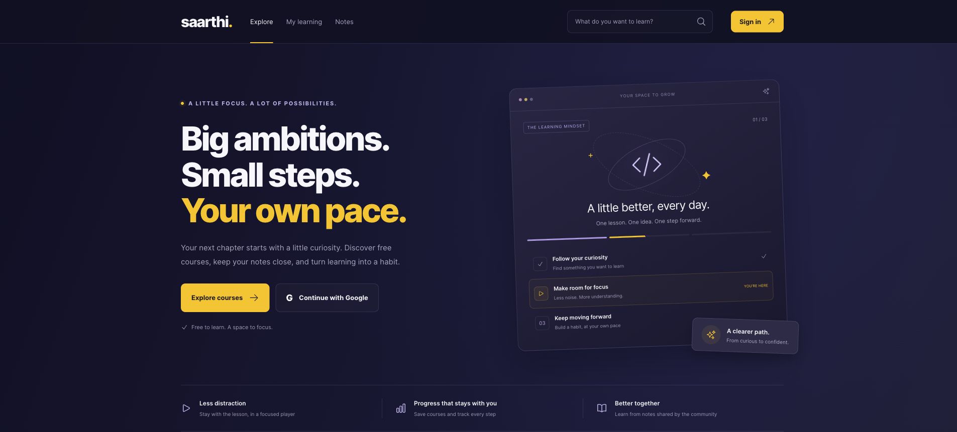 Saarthi landing page presenting free courses, focused lessons, progress tracking, and community notes.