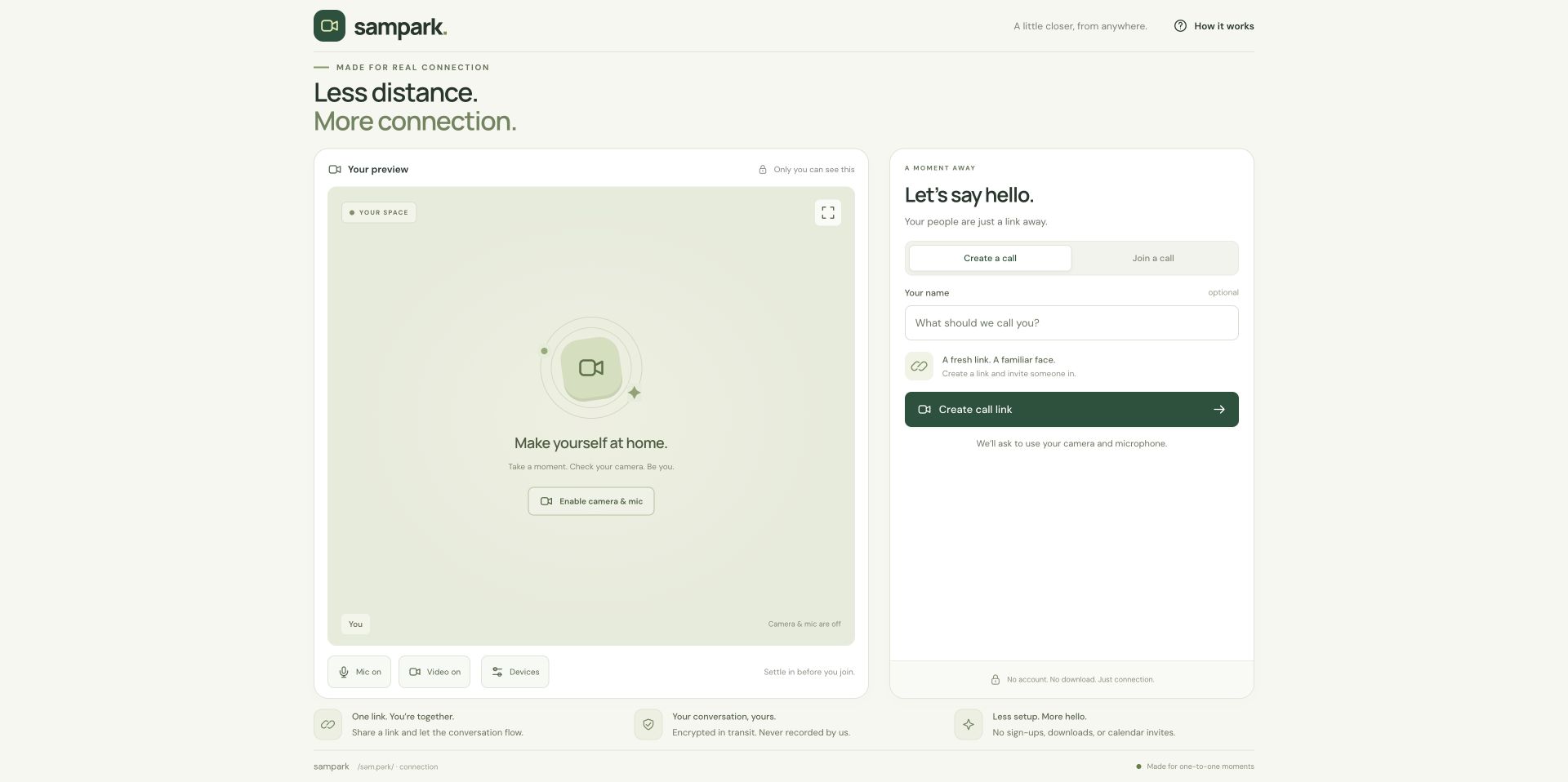 Sampark call setup screen with the camera off and controls to create or join a call.