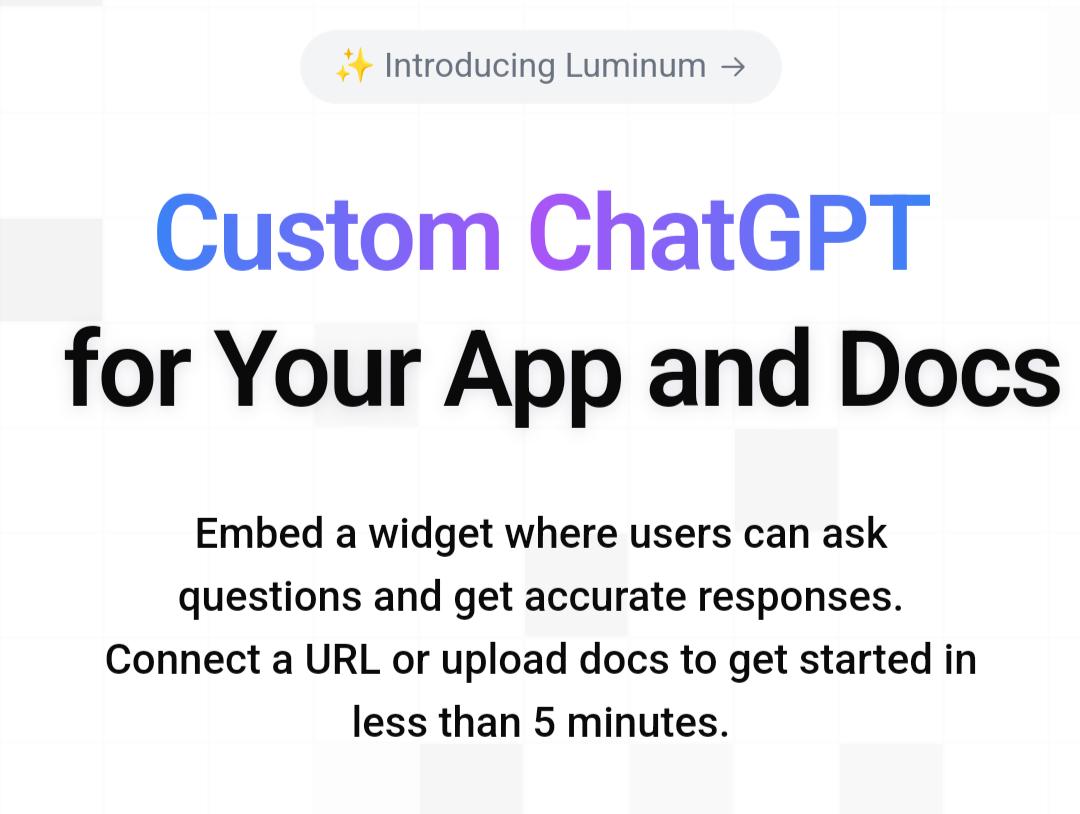 Luminum landing page introducing a custom ChatGPT widget for apps and documents.